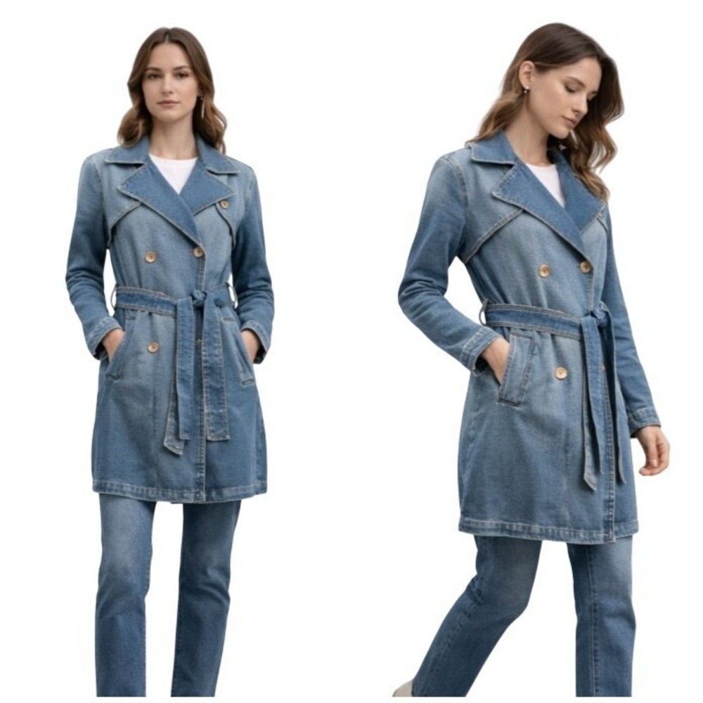 Michael Kors Women's Belted Double Breasted Long Sleeve Denim Trench Coat Size M
